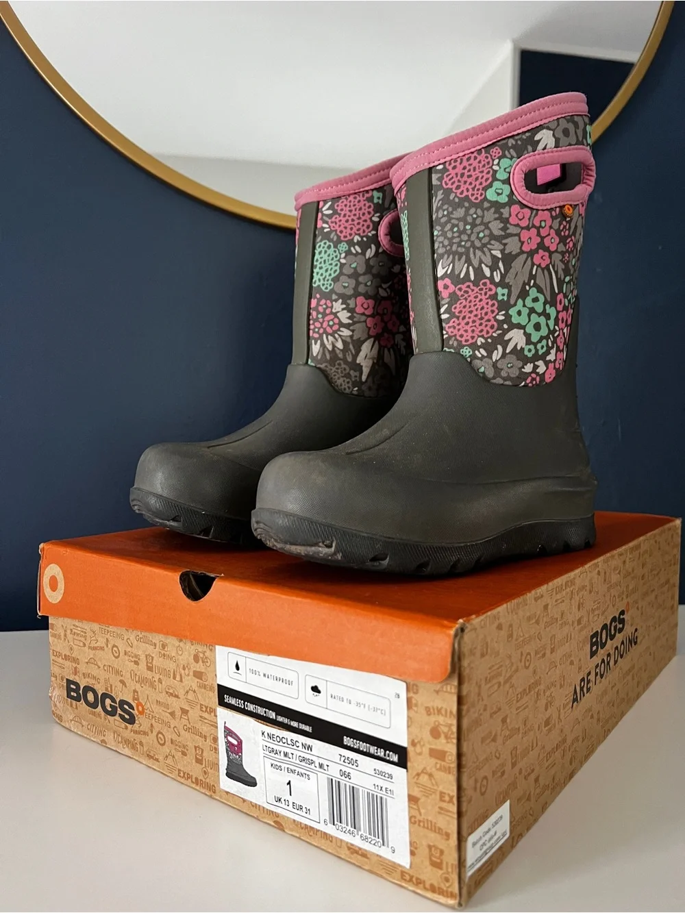 Bogs Kids Floral Waterproof Boots - Gray with Pink & Mint Accents